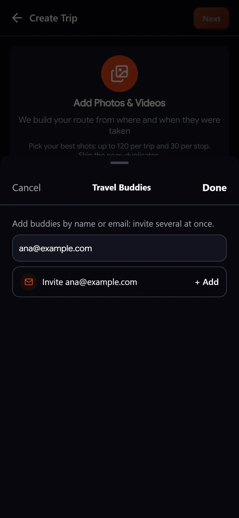Inviting a Travel Buddy by email to a trip