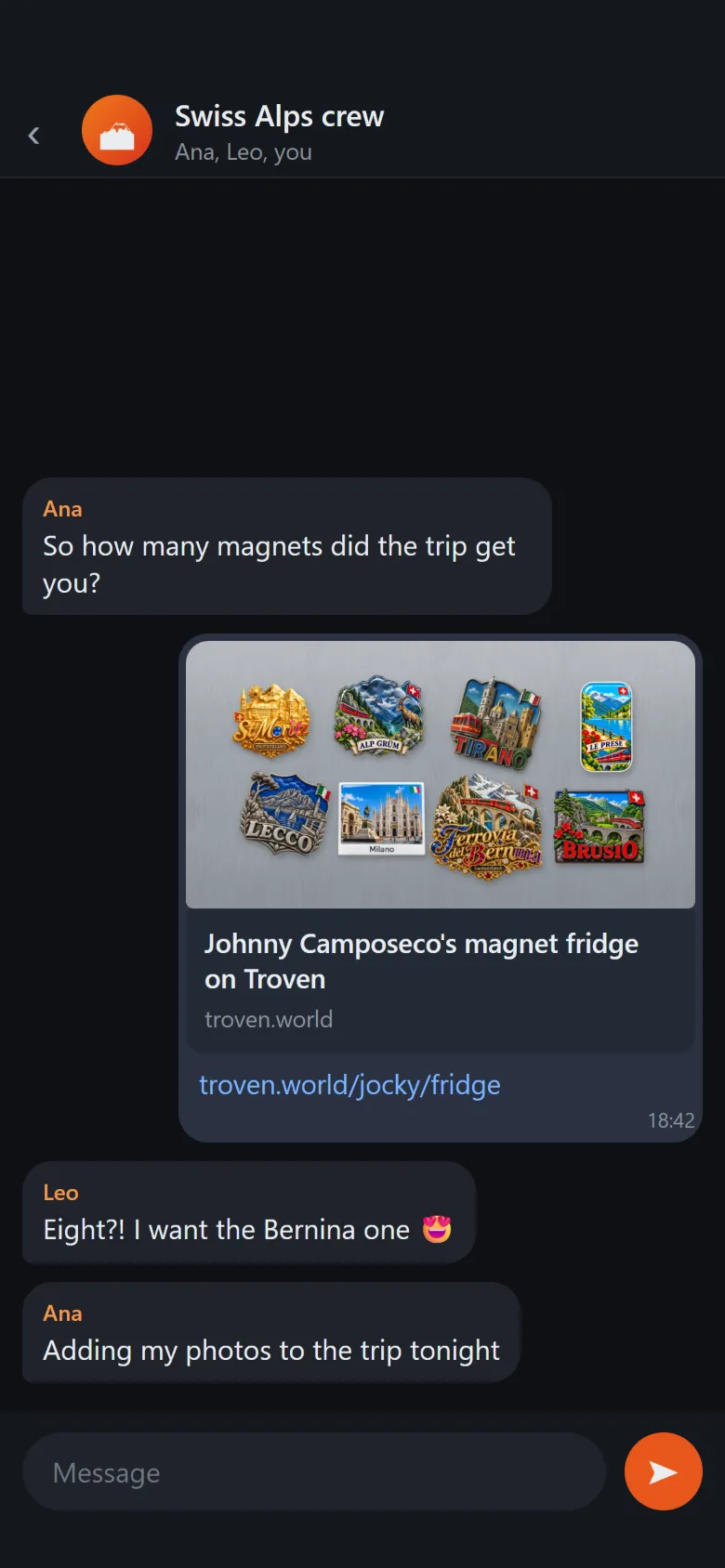 The fridge shared in a group chat: link preview with all 8 magnets