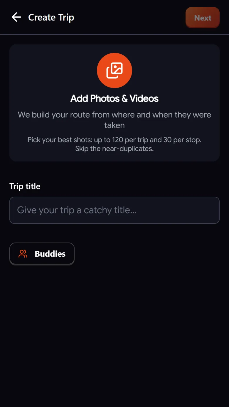 Troven Create Trip screen: add photos and videos