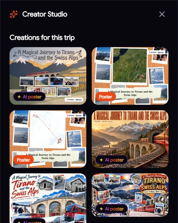 Creator Studio creations for one trip